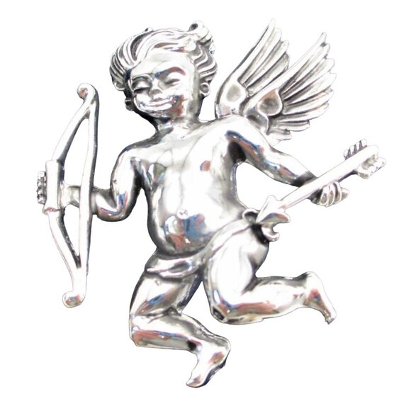 Cherub Angel Brooch Pin With Bow & Arrow - Vintage Silvertone Costume Jewelry - Picture 1 of 5